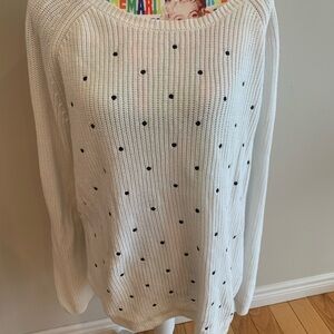 Elle 100% Cotton White Crewneck Sweater with Black Polka Dots